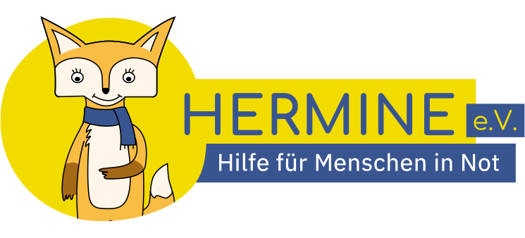 Das Logo von "HERMINE e.V." zeigt einen lächelnden Fuchs mit einem Schal um den Hals im Comic-Stil und die Aufschrift "Projekt Hermine Hilfe für Menschen in Not